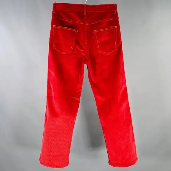 MARNI Size 28 Red Corduroy Cotton Contrast Stitch Wide Leg Casual Pants